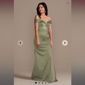 David’s Bridal Galina Signature Satin Off-the-Shoulder Mermaid Dress Eucalyptus